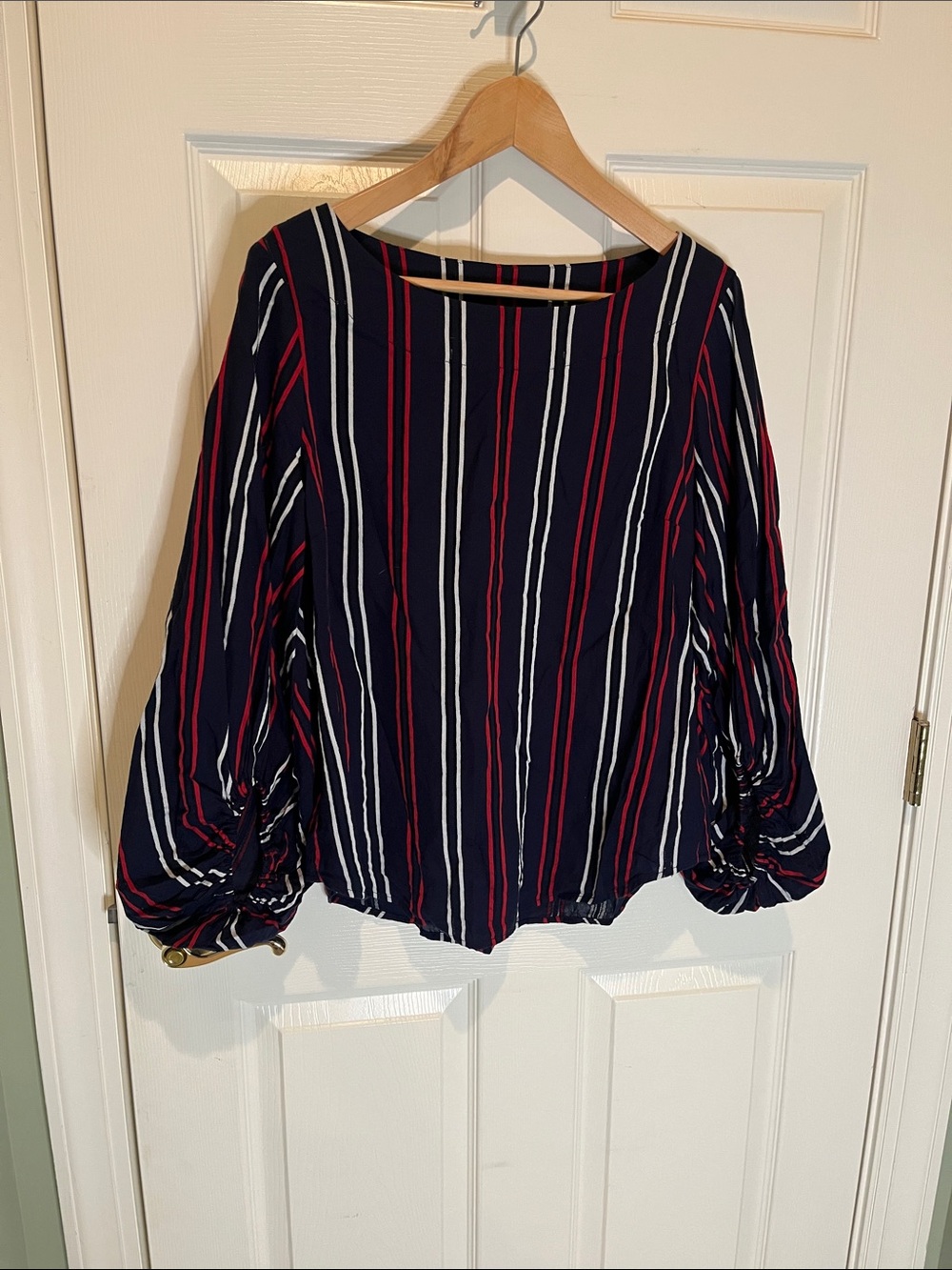 CAbi Navy, Red & White Striped Balloon-Sleeve Top